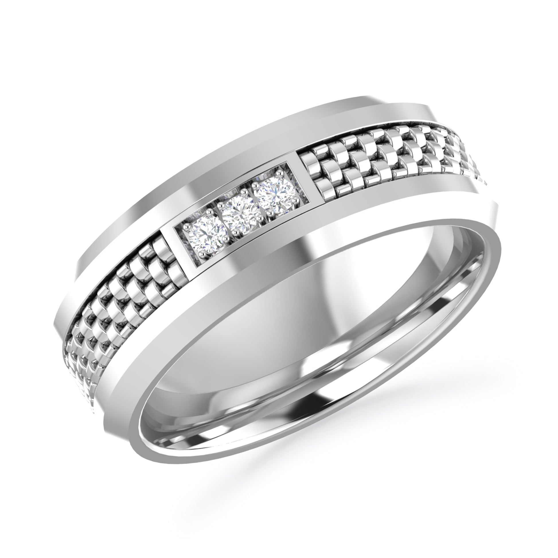 a silver ring with diamonds